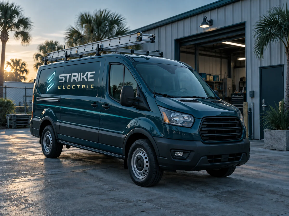 Electrical contractor service van outside a Florida workshop