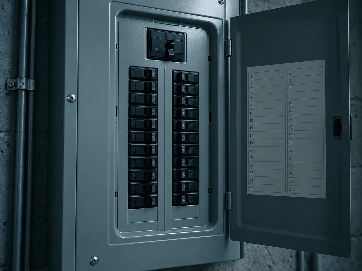 Close-up of a residential breaker panel